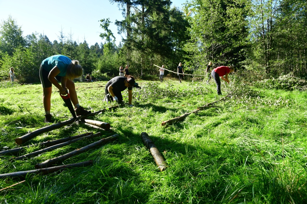 Studenti řežou a skládají dřevo.