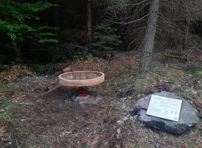 Zastavení stezky s interaktivním prvkem - bludištěm v němž je cílem pochytat pytláky potulující se po lese