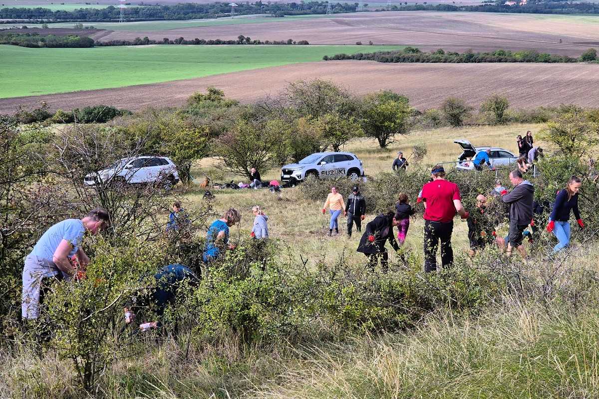 Dobrovolníci vyřezávají náletové dřeviny na úpatí kopce Raná