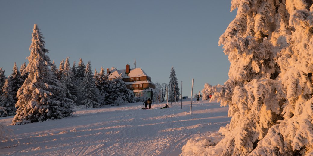 Zasněžené Orlické hory, panoramatický výhled.